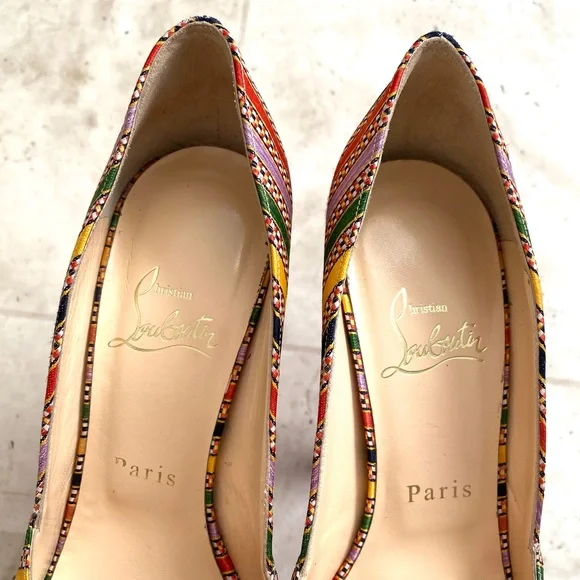 Christian Louboutin Made in Italy Rasta Damas Greissimo Satin Pumps Heels Size 7